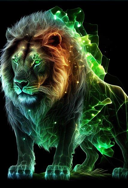 Premium Ai Image Crystal Green Fire Lion Backdrop Ai Generated