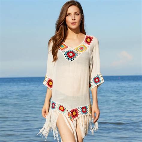 Robe de plage à franges été Femme Couverture Bikini Cover Up Crochet à la main Taille Unique