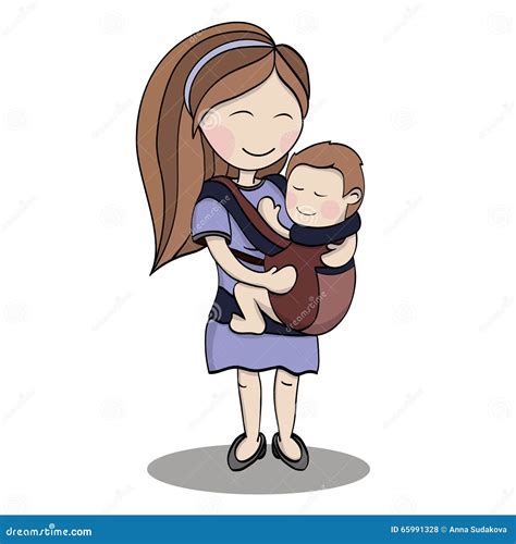 Happy Cartoon Characters Mother Carrying A Child Stock Vector