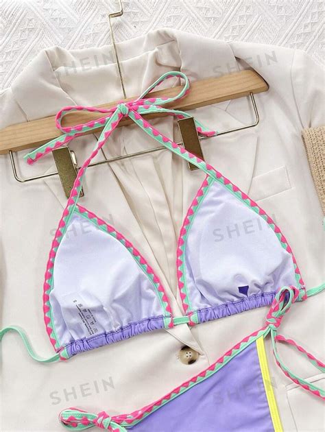 SHEIN ICON Two Tone Contrast Binding Tie Backless Halter Triangle Bikini Top SHEIN UK