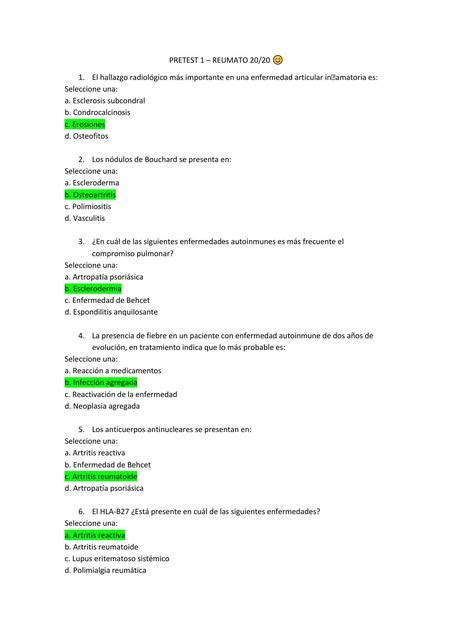 Pretest Reumatología Daniel Fernando Peña Villalta uDocz