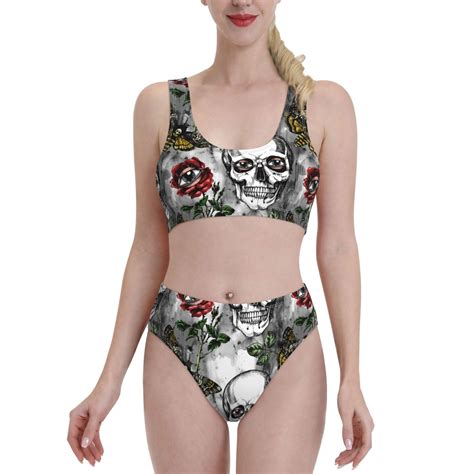 High Waisted Bikini Sets For Women Skulls Roses Piece Sporty Bathing Suit Swim Suits For
