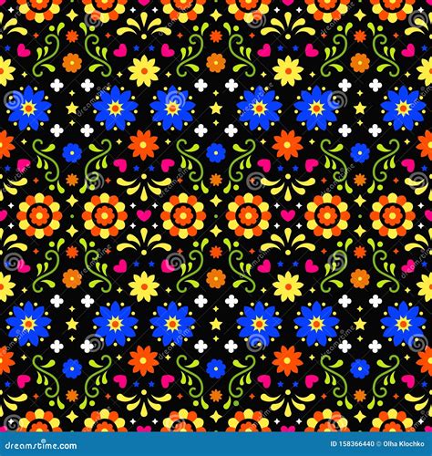 Mexican Folk Art Pattern, Colorful Design With Flowers Inspired By