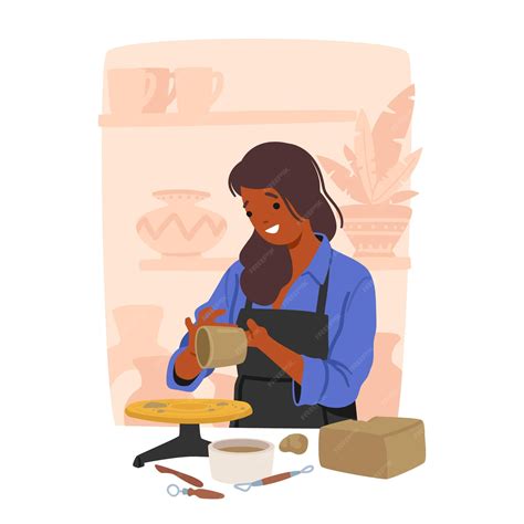 Premium Vector | Artisan female character shaping clay crafting ...