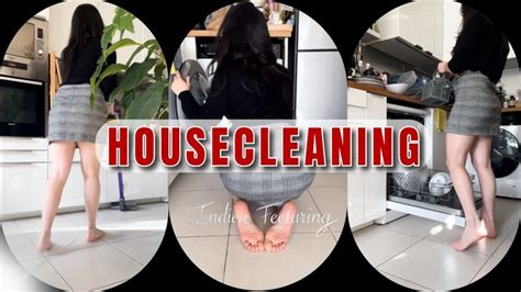 BAREFOOT HOUSECLEANING Foot Fetish Feet Girl Brunette Amateur Miniskirt Feet Soles