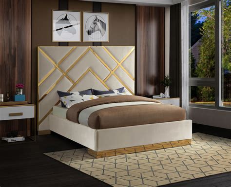 Meridian Vector Cream Gold Metal Velvet Contemporary Bed Bed Design