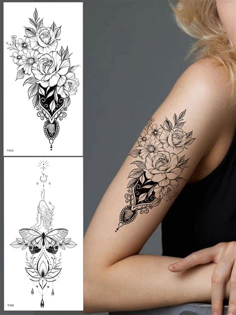 2 Folhas Adesivos De Tatuagem Temporários Padrão De Flores Para