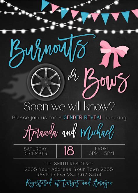 Editable Burnouts Or Bows Gender Reveal Invitation Girl Or Etsy