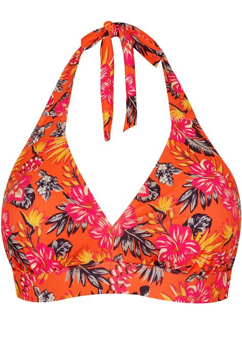 Orange Tropical Floral Print Bikini Top Plus Size To