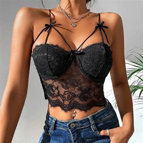 Bustier En Dentelle Fine Pour Femmes Corset Vintage Bretelles Spaghetti Haut Court Lingerie Sexy