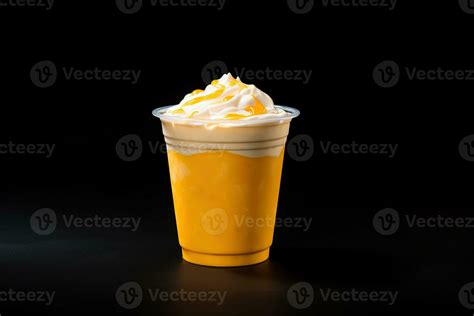 Mango Smoothie Milkshake In Plastic Takeaway Cup Isolated On Dark