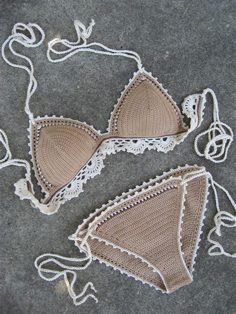 Crochet Bikini Set With Lace Edging In Nude With Cream And Etsy
