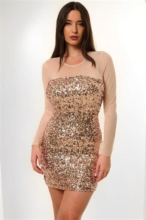 Nude μίνι φόρεμα με παγιέτα και διαφάνεια