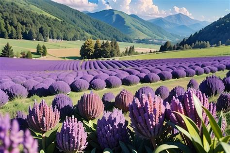 Um Campo De Flores Roxas Montanhas Ao Fundo Foto Premium