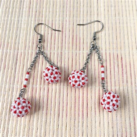 Boucles Doreilles Pendantes Boules En Tissage De Perles Miyuki Blanc