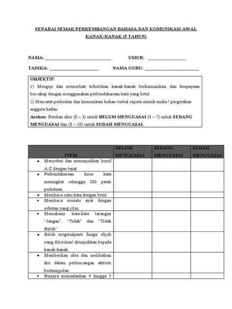 Senarai Semak Perkembangan Bahasa Dan Komunikasi Awal Kanak Pdf