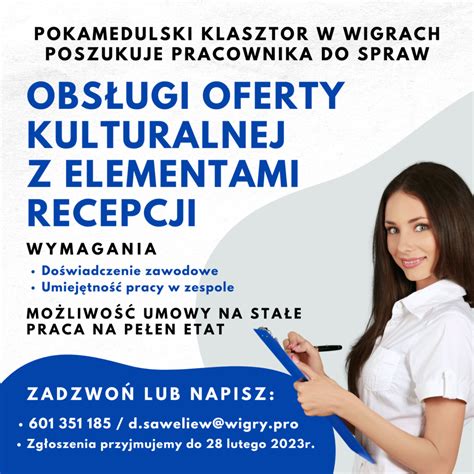 POSZUKUJEMY PRACOWNIKÓW Pokamedulski Klasztor w Wigrach