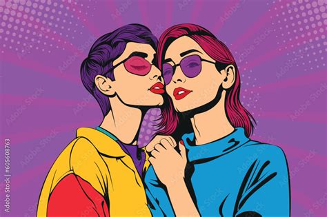 Lesbian Couple Hugging And Kissing Pride Girls Love Illustration In Pop Art Retro Comic Style