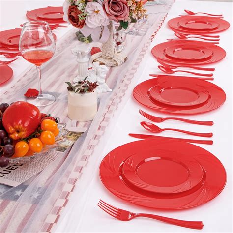 YOUBET 125 platos de plástico rojo cubiertos de plástico rojo platos