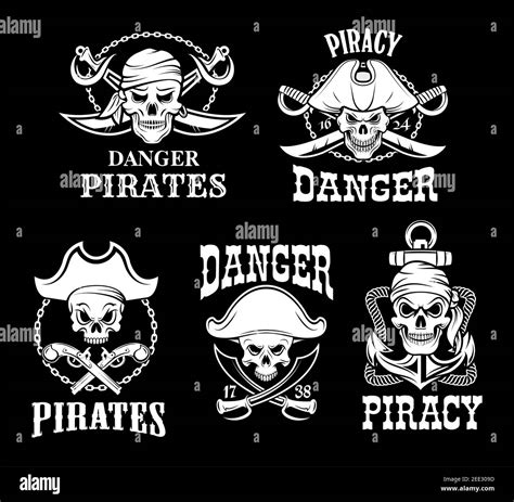 Jolly Roger Pirate Vector Icons On Black Flag Background Piracy Symbols Of Skeleton Skull In