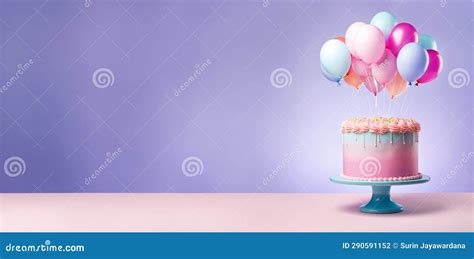 Birthday Cake With Baloons In Pink And Purple Color Theam Stock