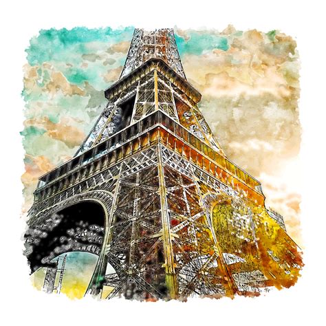 Eiffel Tower Paris France Watercolor Sketch Hand Drawn Illustration