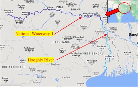 National Waterway-1 and Hooghly River, India. Source: Google Map ...