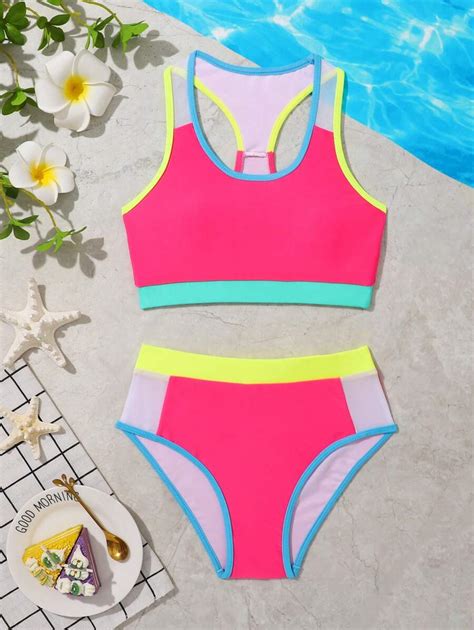 SHEIN Tween Girl Colorblock Contrast Binding Bikini Set Summer Beach SHEIN USA