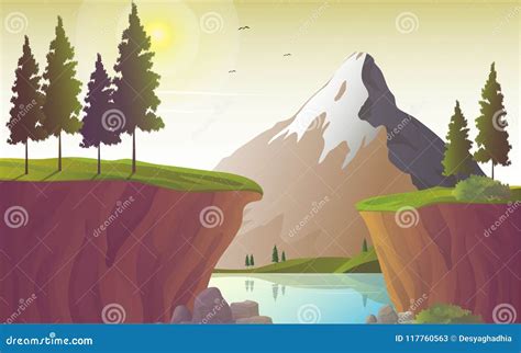 River Landscape With Mountain And Cliff Vector Illustration Stock