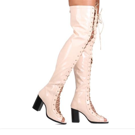Cape Robbin Nude Thigh High Lace Up Heel Size Gem
