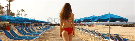 Sexy Bikini Woman Walking On Wooden Plank Between Umbrellas And Stock Photo Crushpixel