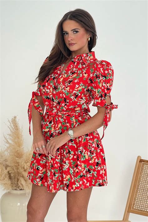 Victoria Red Ditsy Mini Shirt Dress