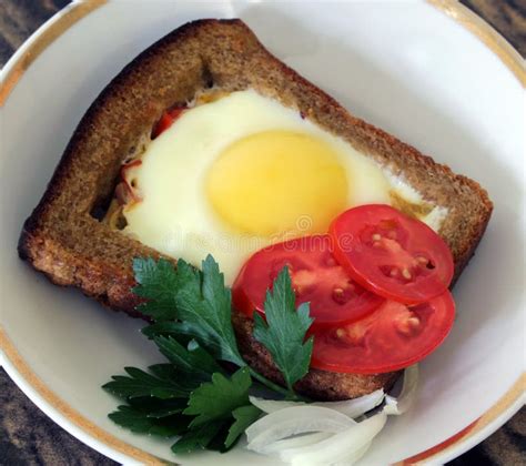 Breakfast - Fried Egg Bread.Breakfast Stock Photo - Image of tomatoes