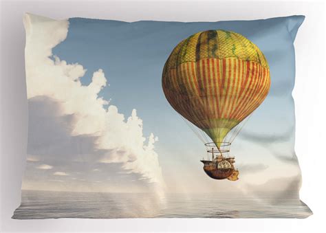 Fantasy Pillow Sham Realistic Image Of Flying Striped Envelope Hot Air Balloon With Hemisphere