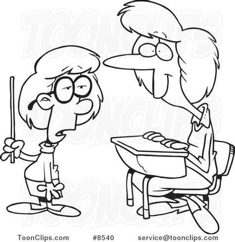 Cartoon Black And White Line Drawing Of A Smart School Girl Giving Her Teacher A Lesson 8540 By