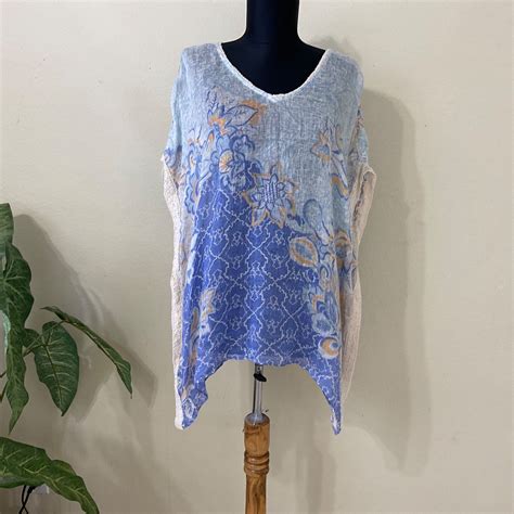 Chicos Linen Poncho Blouse Top Size S M Floral Crochet Trim Blue V Neck