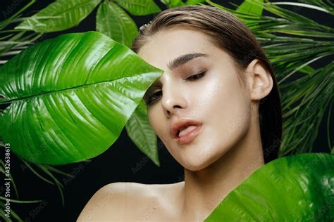 Nude Woman Clean Skin Cosmetology Natural Look Green Palm Leaves Stock Photo Adobe Stock