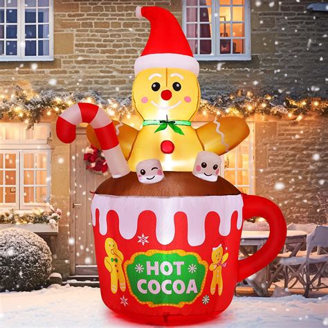 Goosh Christmas Inflatables Ft Inflatable Gingerbread Man Sitting In Hot Cocoa Mug Scene With