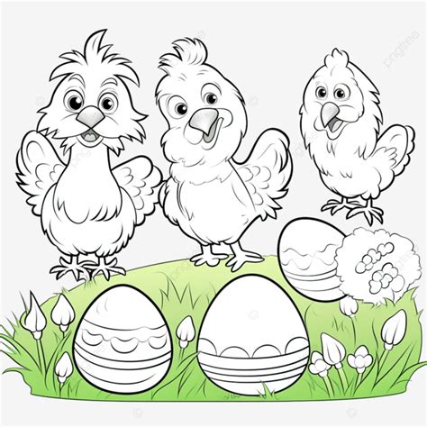 Cartoon Chickens And Chicks With Easter Eggs Coloring Book Page Book