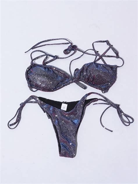 Emmiol Free Shipping Glitter Triangle Bikini Swimsuit Purple S In Bikini Sets Online Store