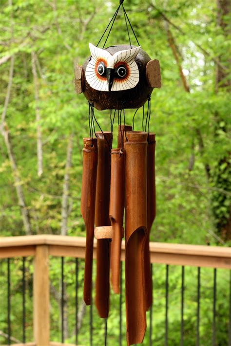 Handmade Wooden Flying Owl Bamboo Wind Chime Wood Statue Figurine Hoot