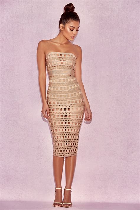 Clothing Bandage Dresses Demelza Nude Openwork Strapless Midi Dress