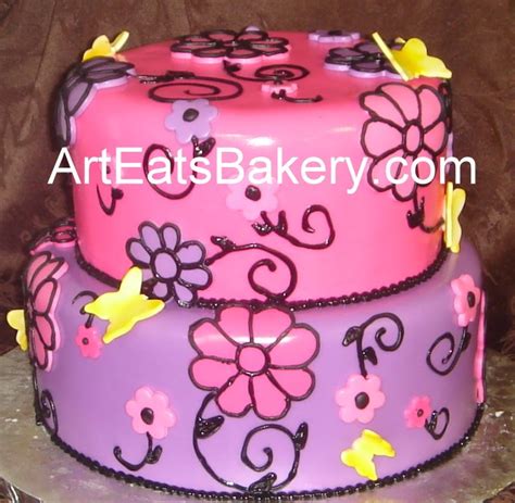 Two tier pink, purple and black custom flowers and butterflies baby shower cake | Art Eats Bakery