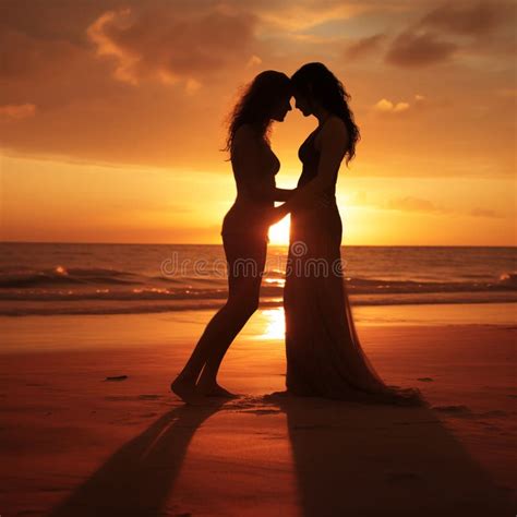 Lesbian Couple Stay On Beach At Sunset Stock Photo Image Of Beach Nature