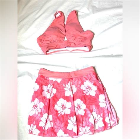 Modlily Swim Modlily Bikini Top And Swim Skirt Coral And White Size