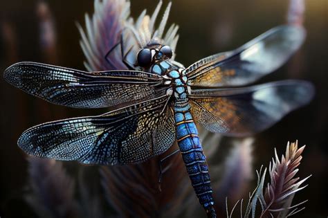 Premium AI Image | A dragonfly with blue wings and blue wings sits on a flower.