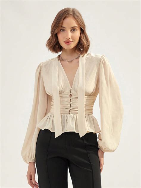 Enchnt Lantern Sleeve Ruched Ruffle Hem Blouse Shein Usa