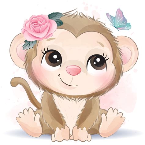 Cute monkey clipart with watercolor illustration