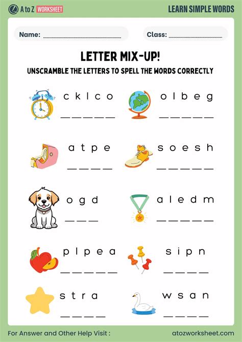Unscramble Words Worksheet for Kids – Free Printable PDF with Answers