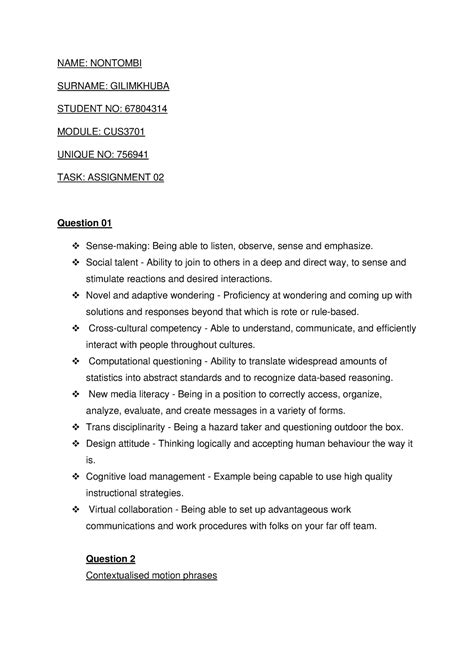 CUS ASS PDF Assignment NAME NONTOMBI SURNAME GILIMKHUBA STUDENT NO MODULE